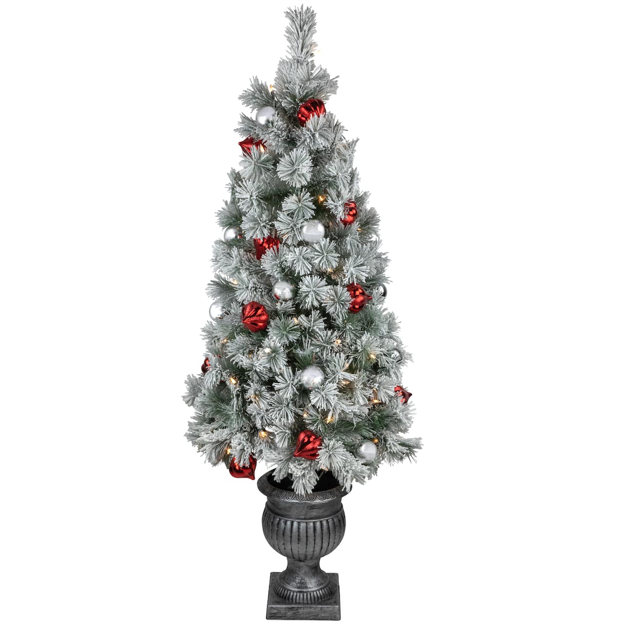 5ft. Pre-Lit Snowy Bristle Pine Artificial Christmas Tree in Silver Urn, Clear Lights